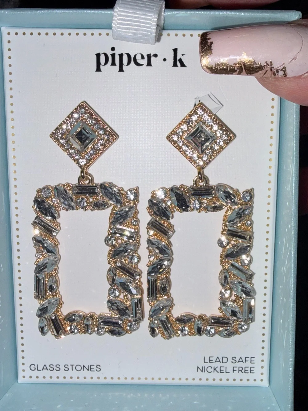 Piper K Square Crystal Drop Oversized Earrings NWT Gold Tone